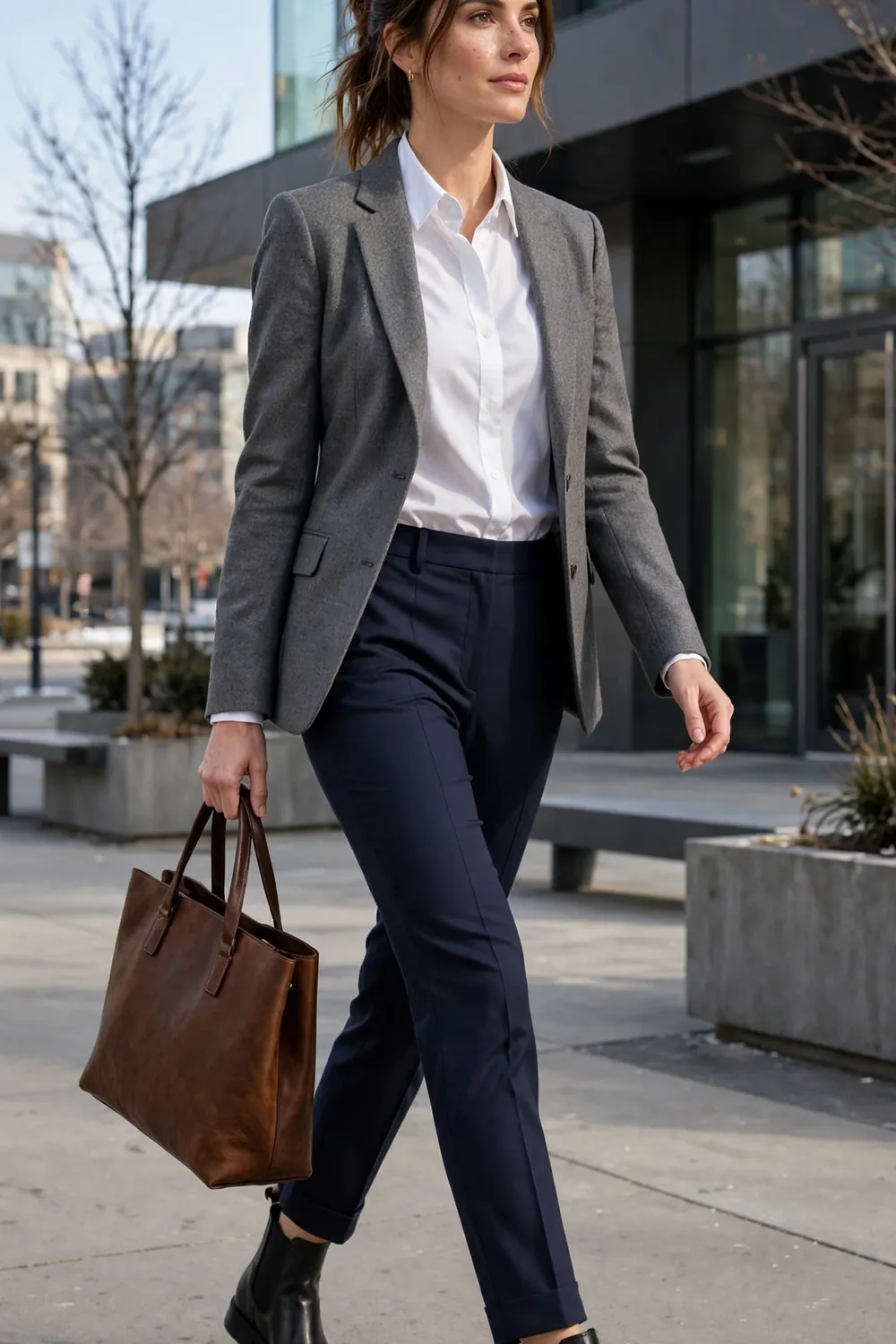 Chelsea Boots with Trousers Outfit Woman in black leather Chelsea boots with navy tailored trousers, a white shirt and a gray blazer outside an office building