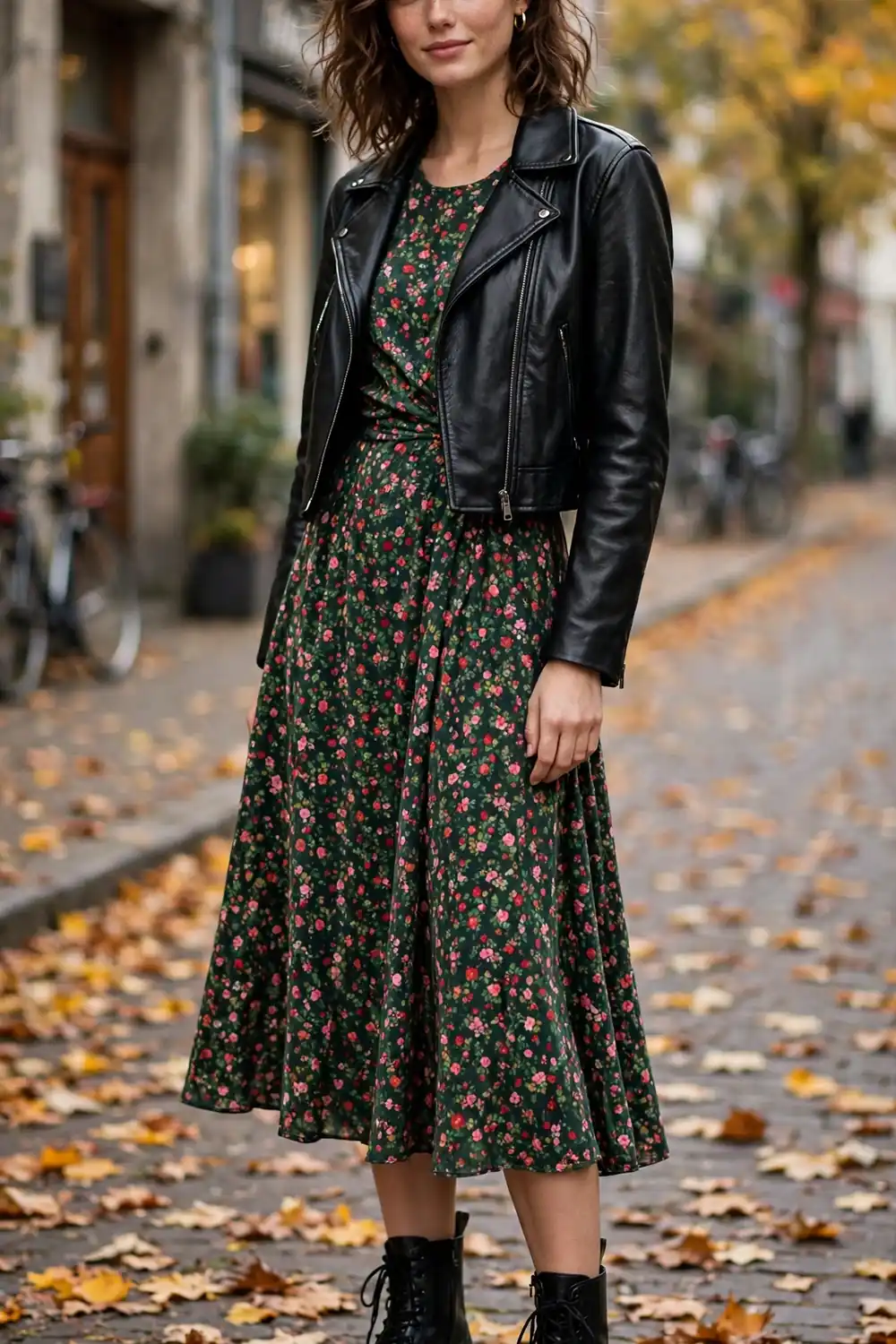 Chunky Boots with Floral Dress Woman wearing black chunky lace up boots with a dark floral midi dress and a cropped leather jacket on an autumn street