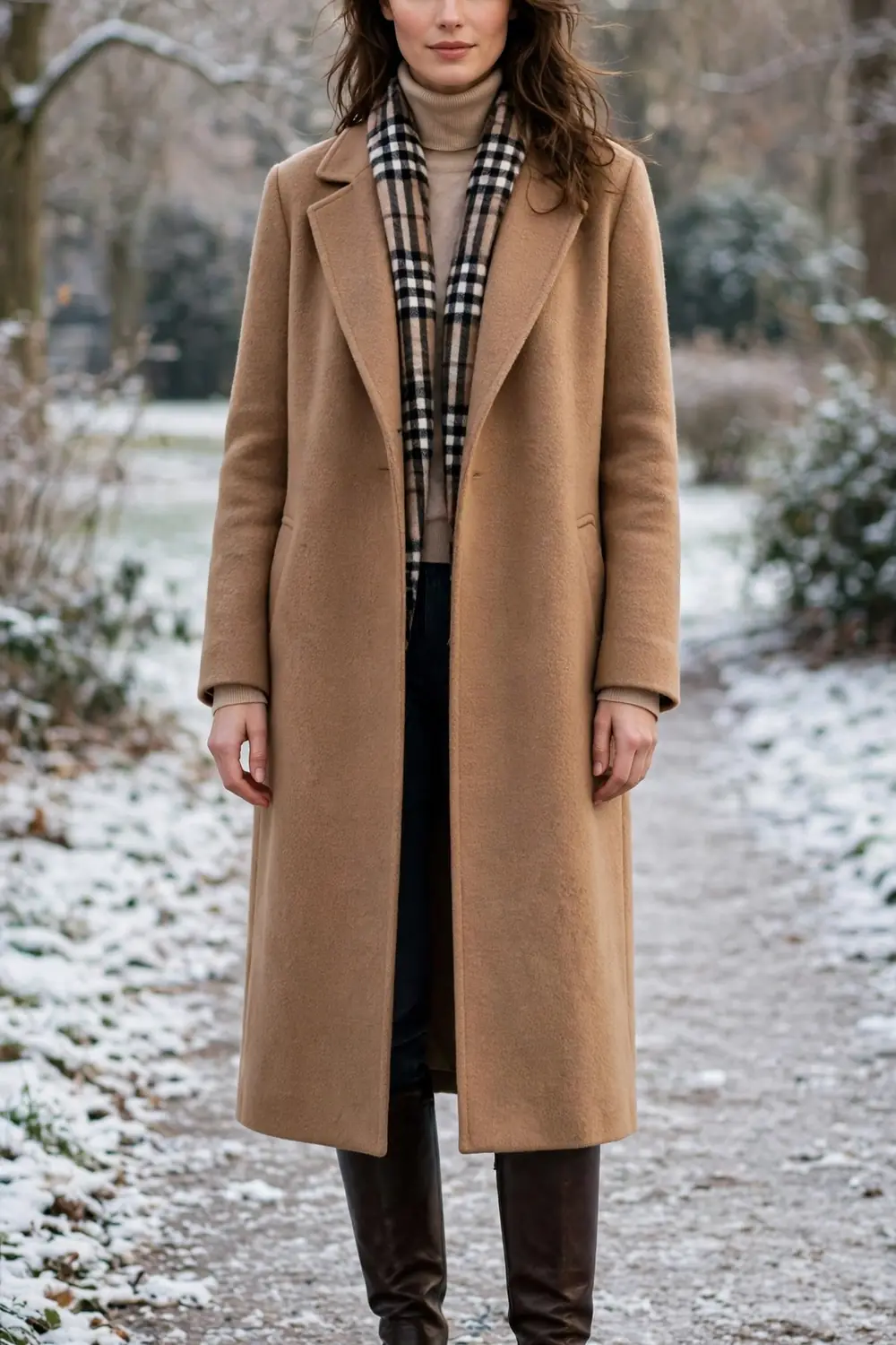 Knee High Boots with Long Coat Woman in dark brown knee high boots under a long camel wool coat with a plaid scarf on a snowy park path
