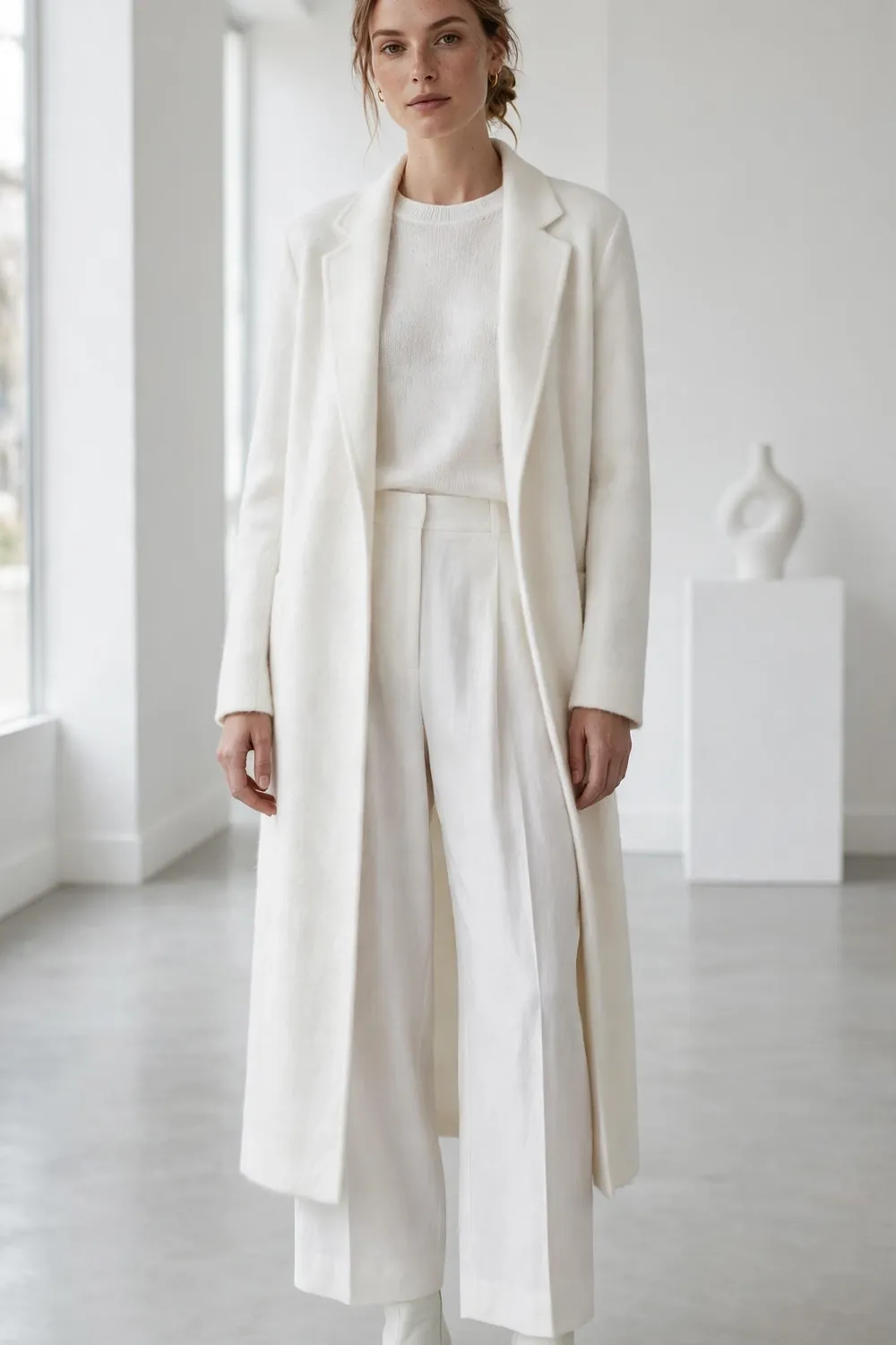 White Boots Monochrome Outfit Woman wearing white ankle boots with white wide leg trousers, a white knit top and a long white coat in a bright gallery