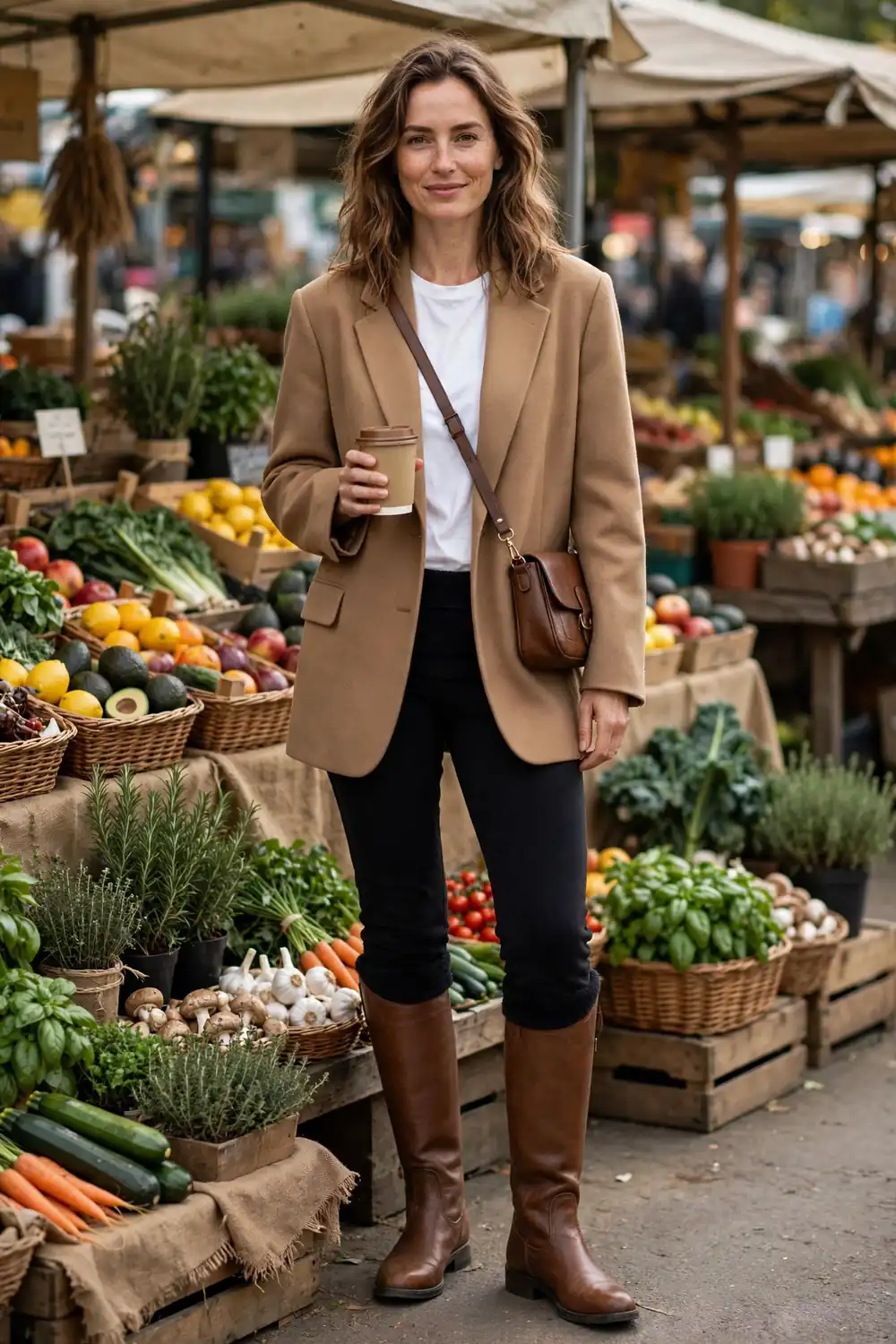 Riding Boots with Leggings Outfit Woman wearing brown riding boots over black leggings with an oversized camel blazer at a farmers market