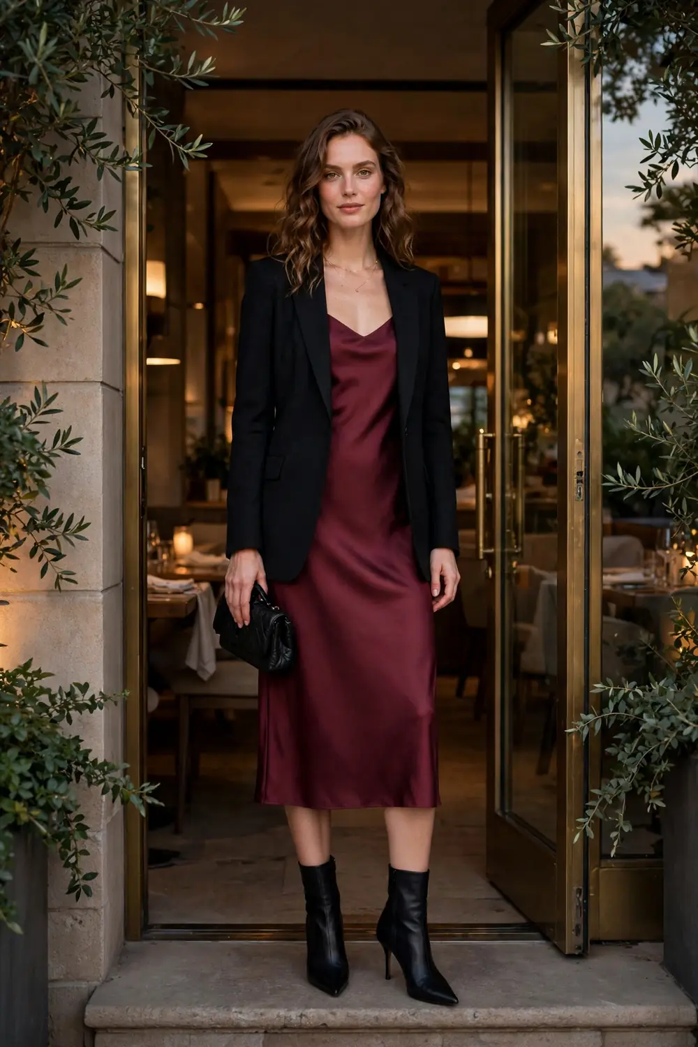 Pointed Toe Boots with Slip Dress Woman wearing black pointed toe ankle boots with a burgundy satin slip dress and a black blazer in a restaurant doorway