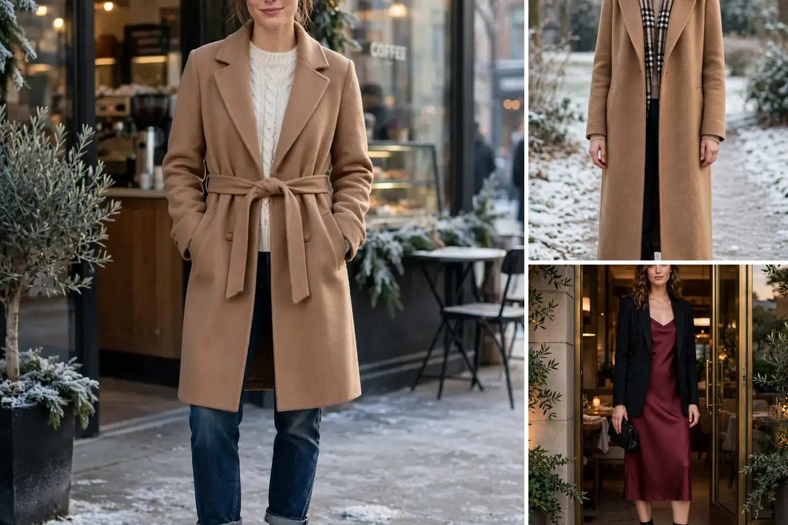 Collage showing how to wear boots three ways, with jeans, a sweater dress and a long wool coat