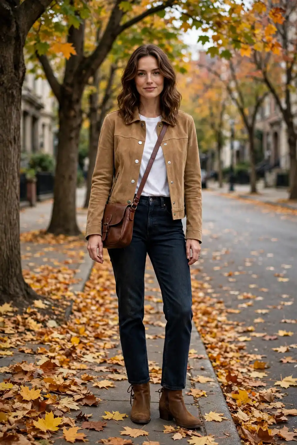 A tan suede jacket is one of the most versatile suede pieces to own, worn here with a white tee, dark jeans and ankle boots on a leafy autumn street