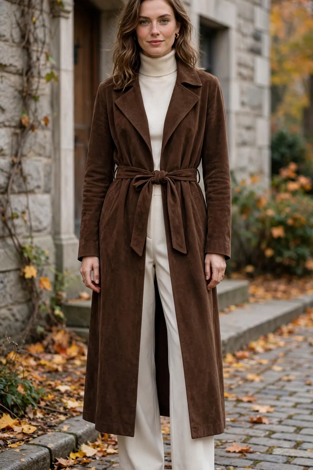 Woman wearing a long chocolate brown suede trench coat with a tie belt over a cream turtleneck and cream trousers