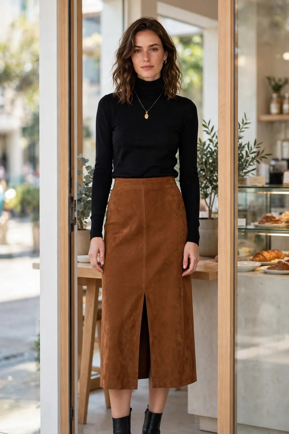 Woman wearing a cognac suede midi skirt with a front slit, a black turtleneck and black ankle boots in a cafe doorway