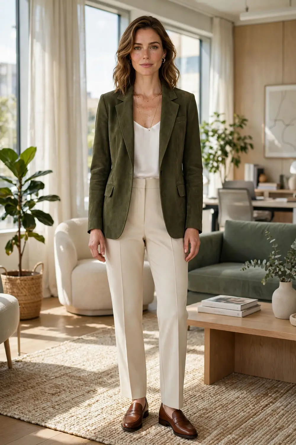 Woman wearing an olive green suede blazer over a white camisole with cream tailored trousers in a sunlit lounge