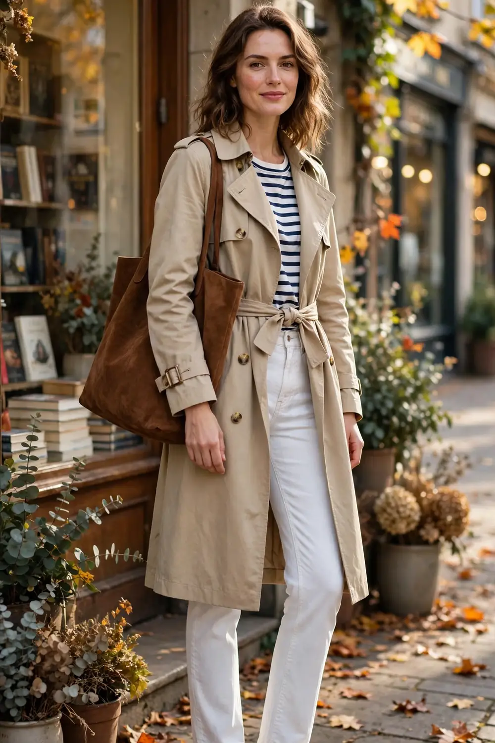 Woman carrying a large chestnut brown suede tote bag with a beige trench coat, striped top and white jeans outside a bookshop