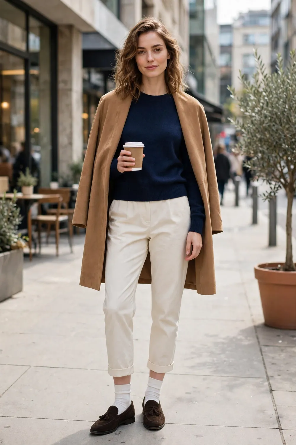 Woman wearing dark brown suede loafers with white ankle socks, cropped cream trousers and a navy sweater on a city sidewalk