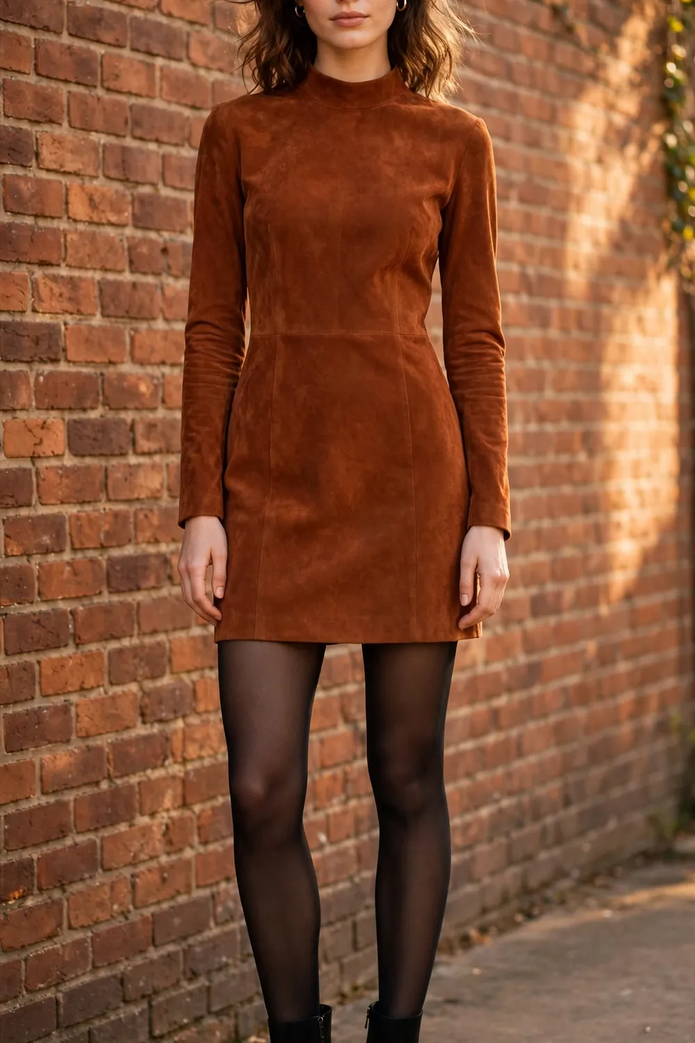 Woman wearing a rust colored suede mini dress with long sleeves, black tights and ankle boots against a brick wall