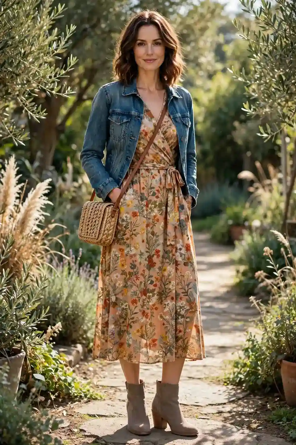 Woman wearing taupe suede ankle boots with a stacked heel, a floral wrap midi dress and a denim jacket on a garden path