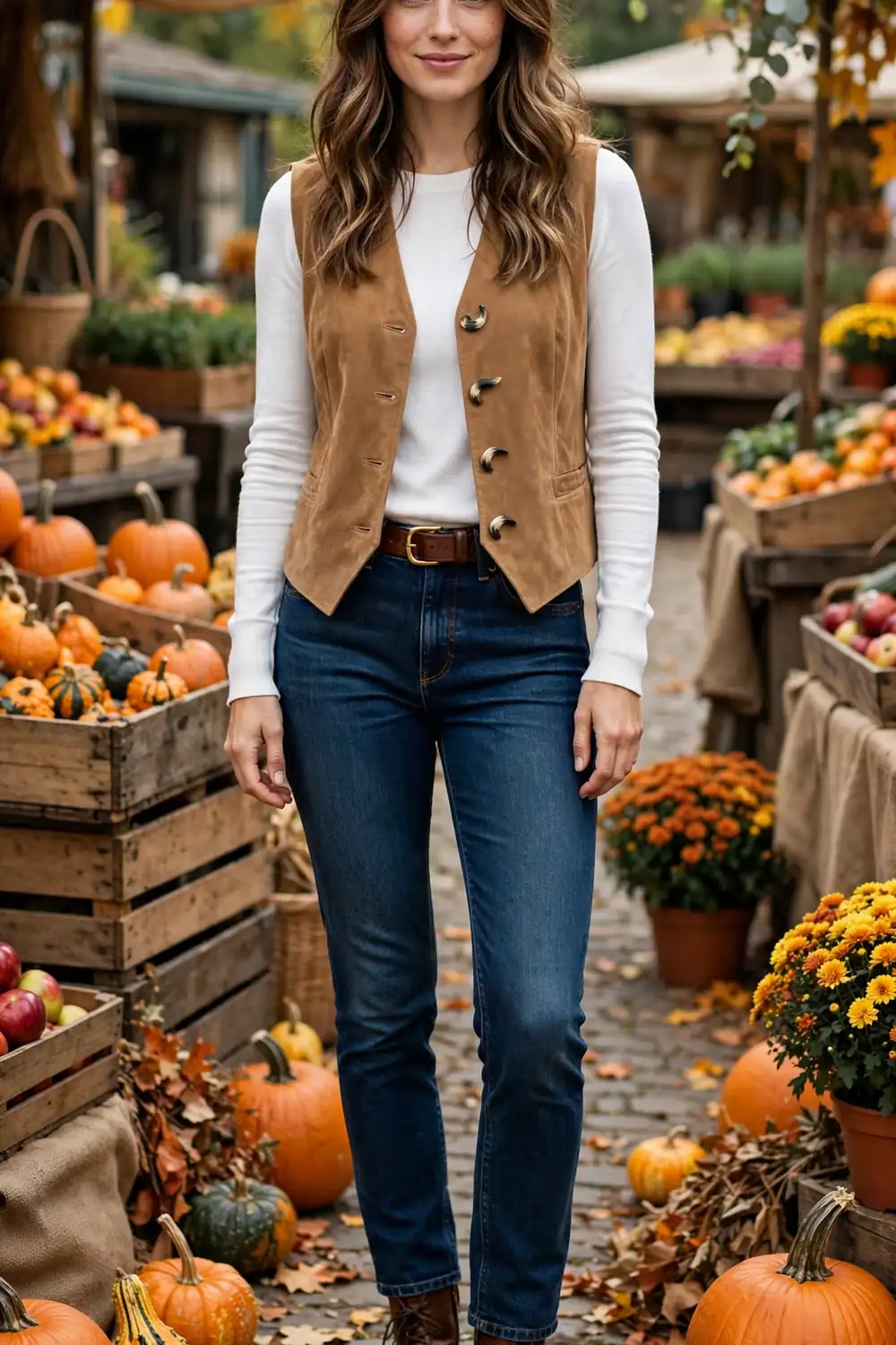 Woman wearing a camel suede vest over a white long sleeve top with dark blue jeans at an autumn market