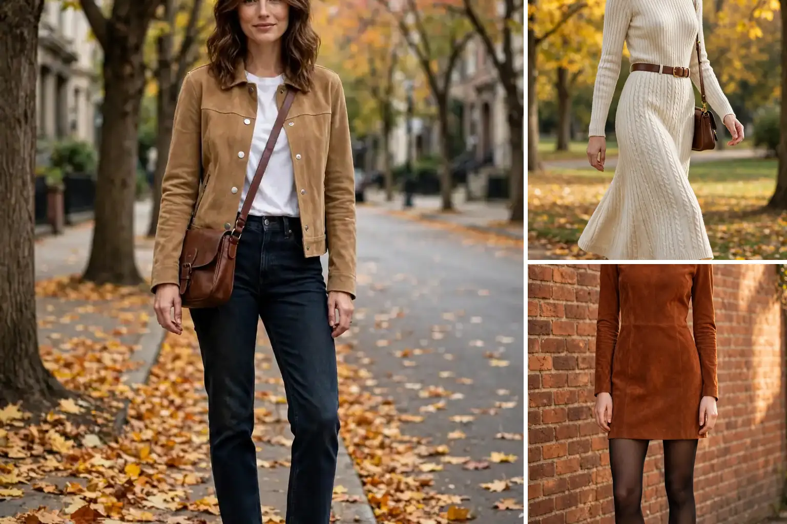 Collage of three suede pieces styled for fall, a tan suede jacket, knee high boots and a suede midi skirt