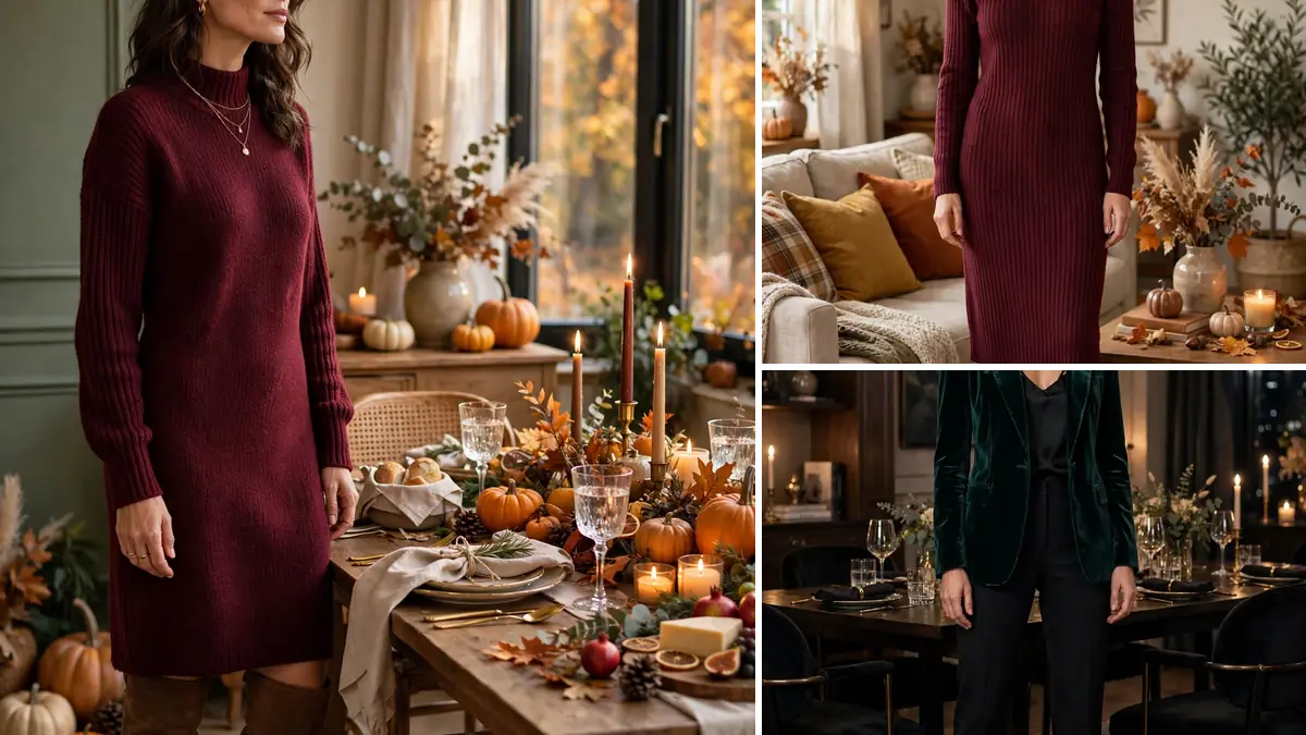 Thanksgiving outfit ideas collage featuring burgundy sweater dress, satin midi skirt and velvet blazer looks