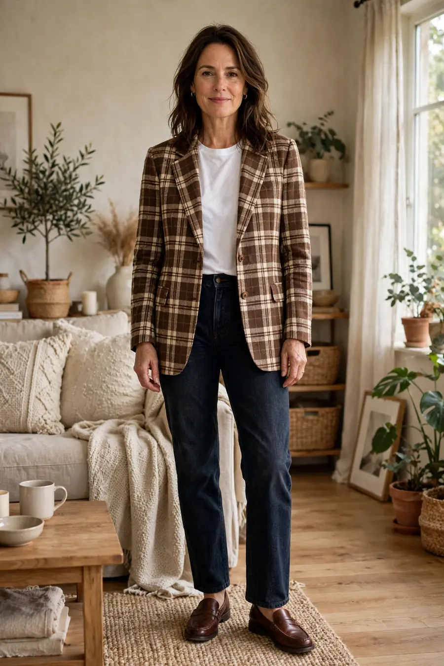 Woman wearing brown plaid blazer with dark jeans and loafers, casual Thanksgiving outfit