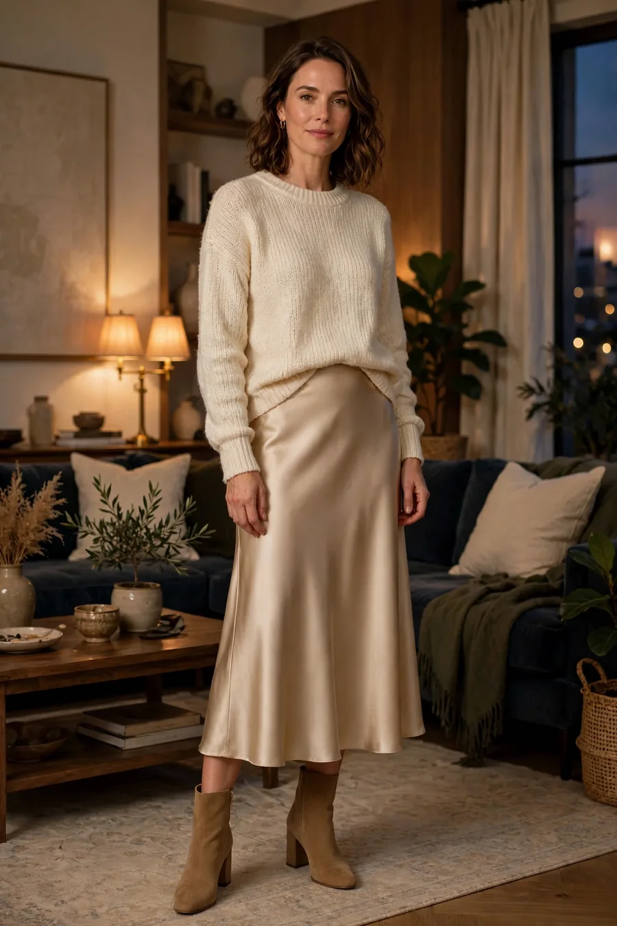 Champagne satin midi skirt with cream knit sweater and ankle boots