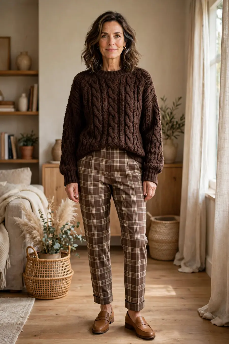 Chocolate brown chunky sweater with brown plaid trousers, fall outfit