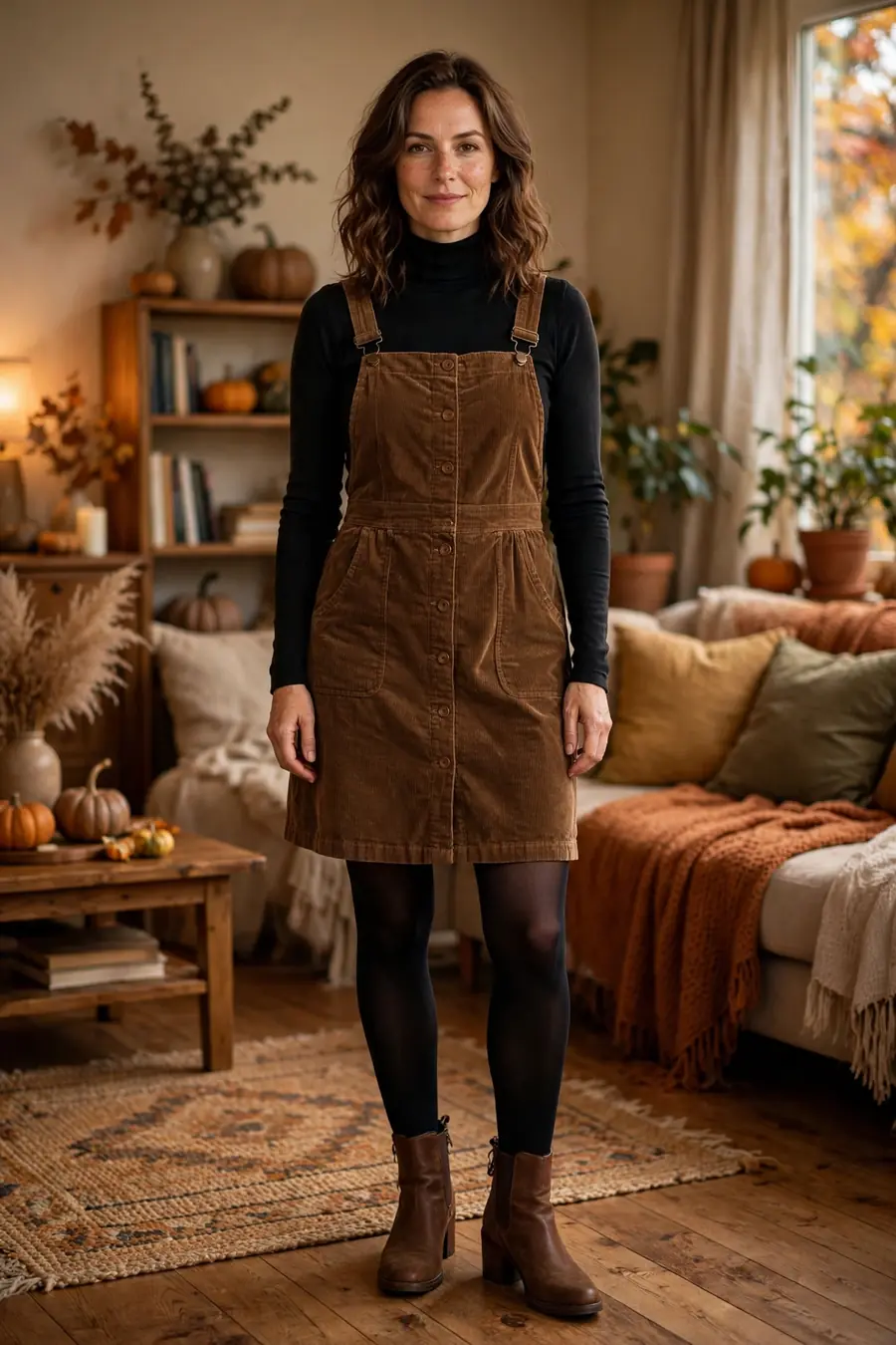 Corduroy pinafore dress over black turtleneck with ankle boots
