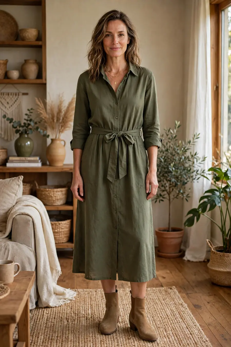 Olive midi shirt dress with tan suede boots