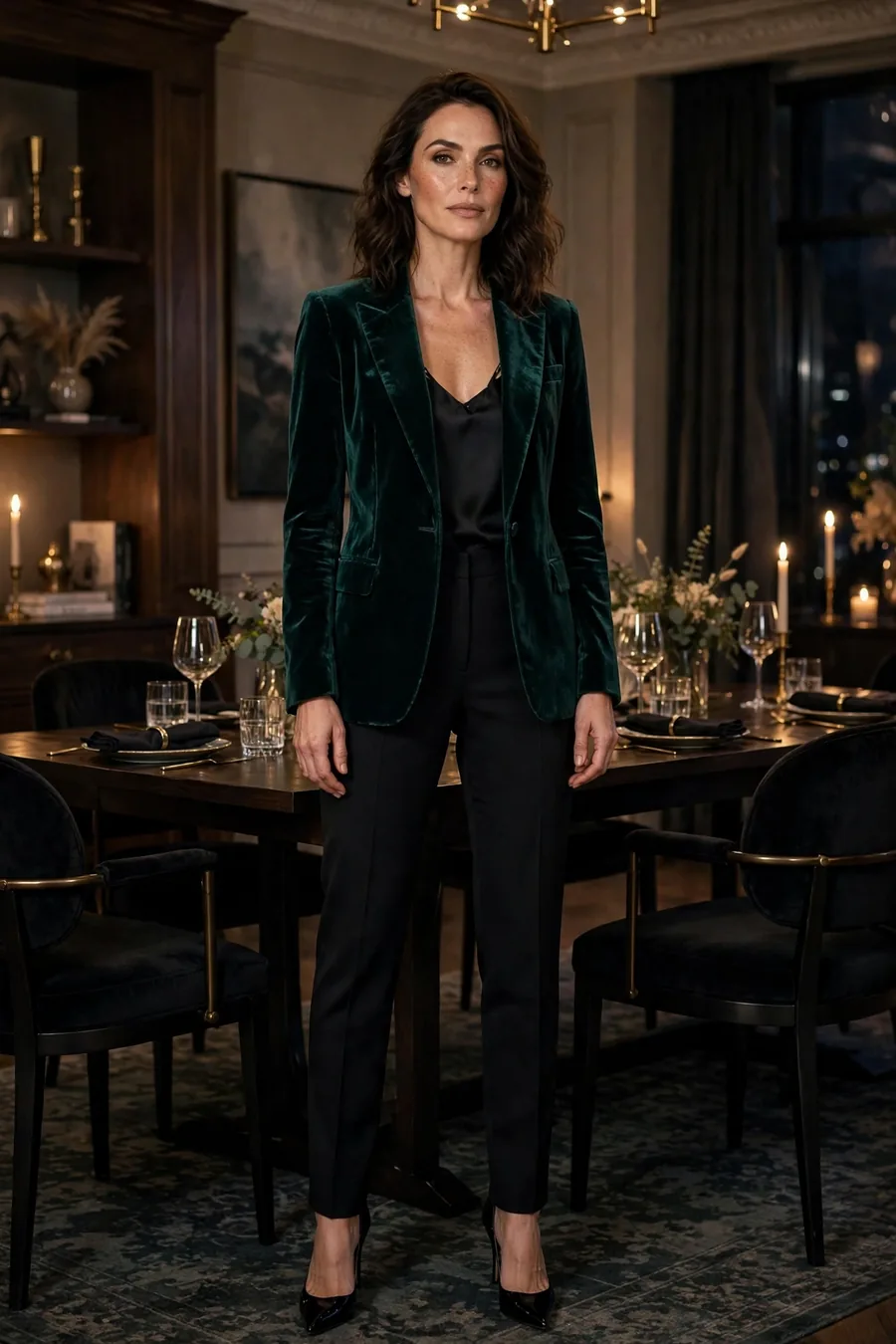 Emerald velvet blazer with black trousers, dressy fall outfit