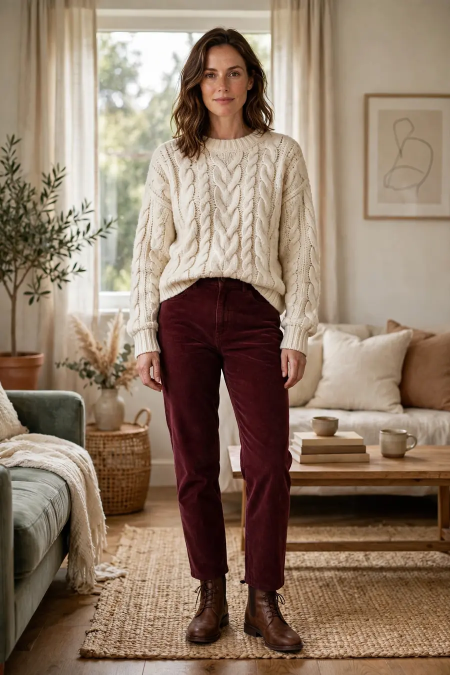 Cream cable knit sweater with burgundy corduroy pants