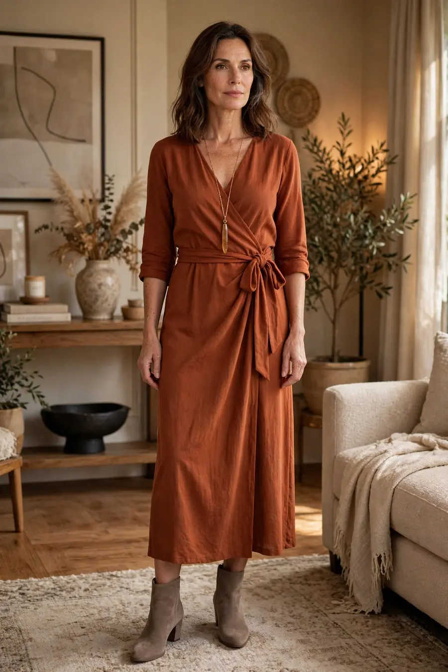 Rust wrap dress with taupe suede ankle boots