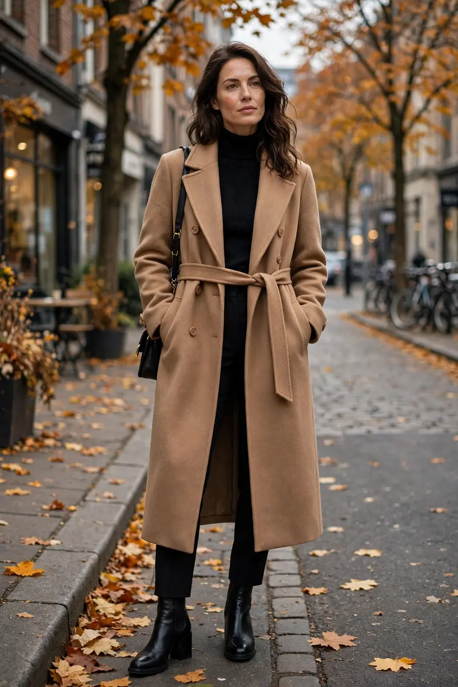 Camel wool coat over all black outfit, street style