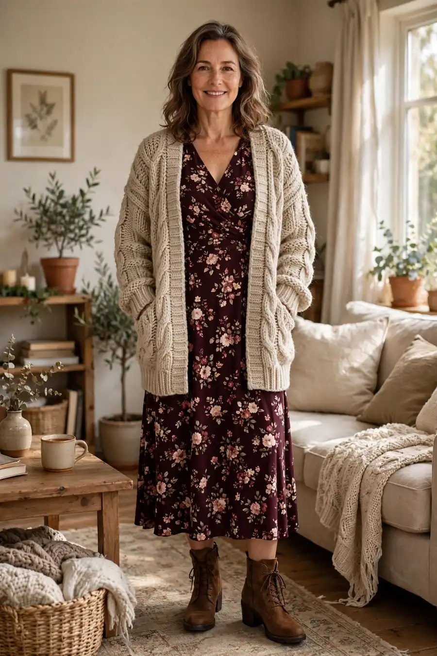 Dark floral midi dress with oatmeal chunky cardigan