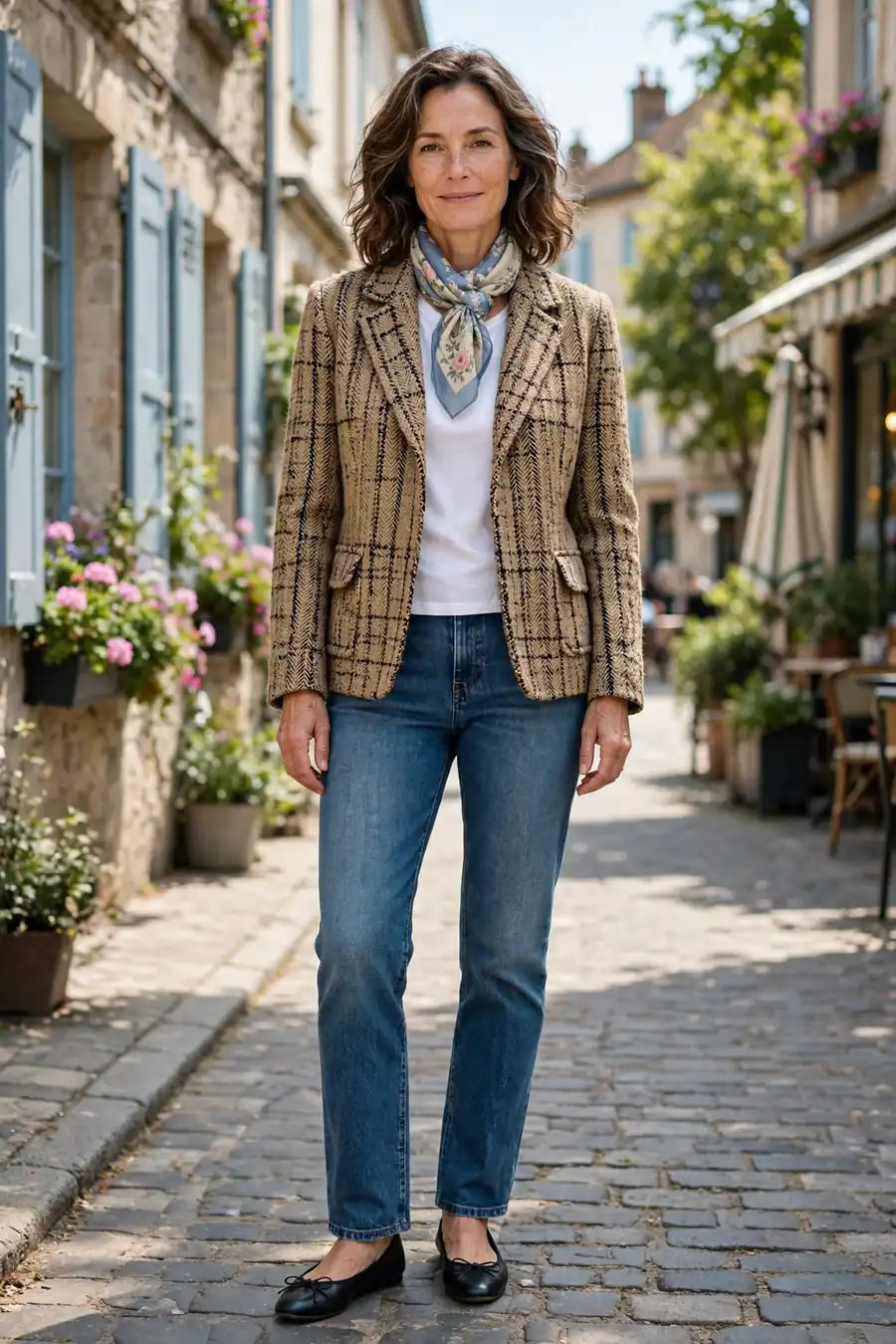 Tweed jacket with white tee and jeans, casual chic fall outfit
