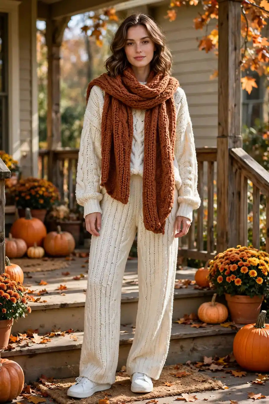 Cream knit set with rust oversized scarf and white sneakers