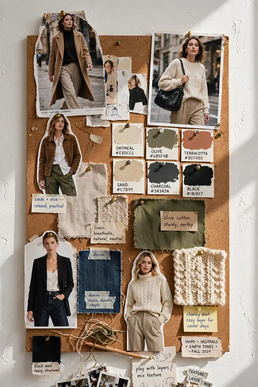 Fashion inspiration mood board with magazine cutouts and fabric swatches pinned on a corkboard