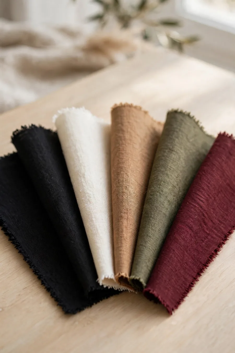 Fabric color swatches in warm neutral tones fanned out on a wooden table