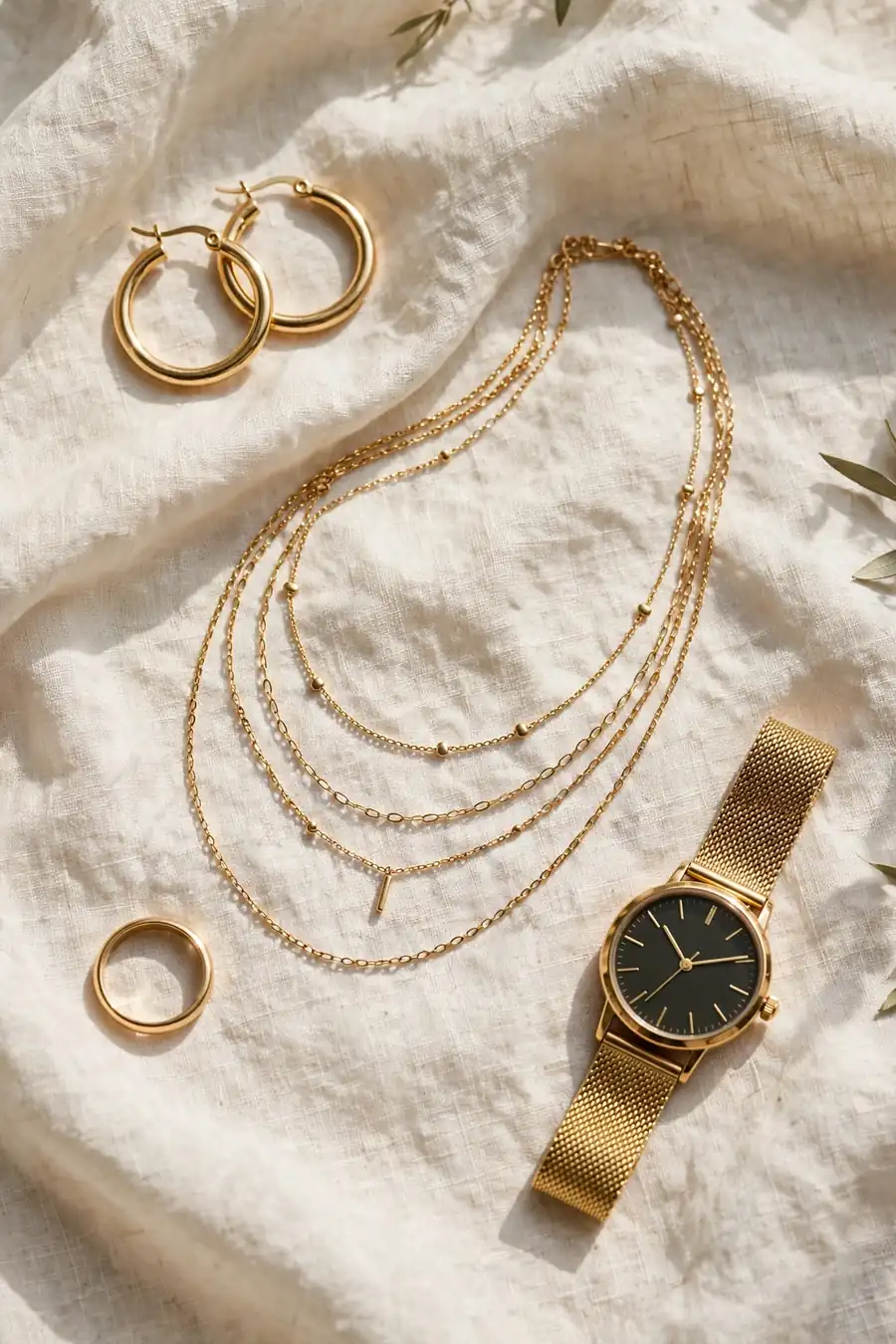 Gold jewelry flat lay with hoop earrings layered necklaces and a watch on cream linen