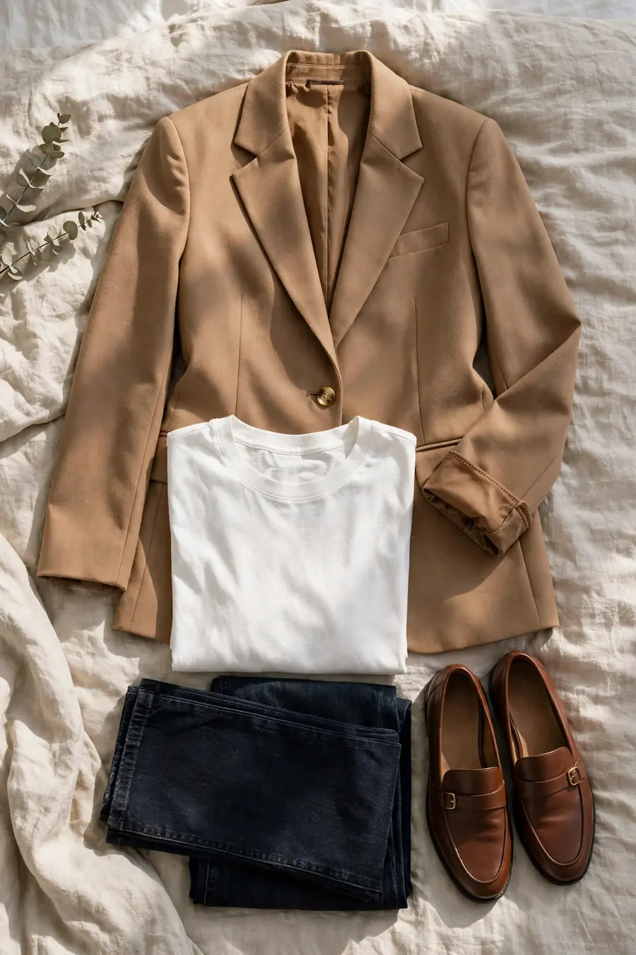 Three piece mini capsule wardrobe with blazer jeans and white tee laid out on a bed