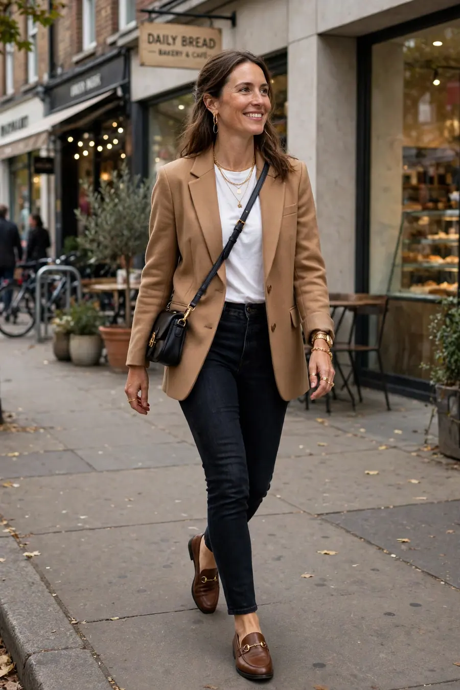 Confident woman in a chic street style outfit walking on a city sidewalk