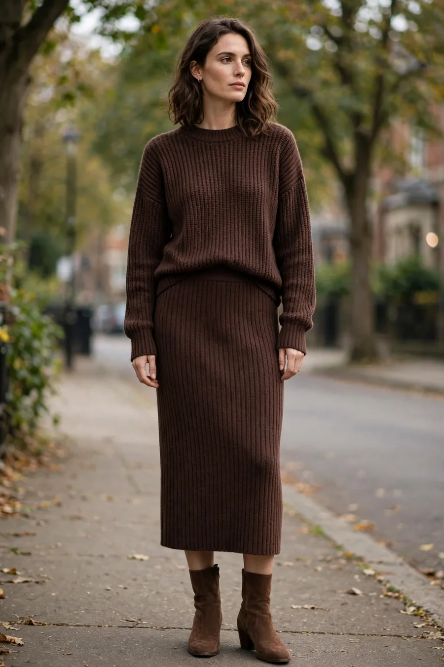 Woman wearing one of these chocolate brown outfits, a monochrome knit sweater and midi skirt
