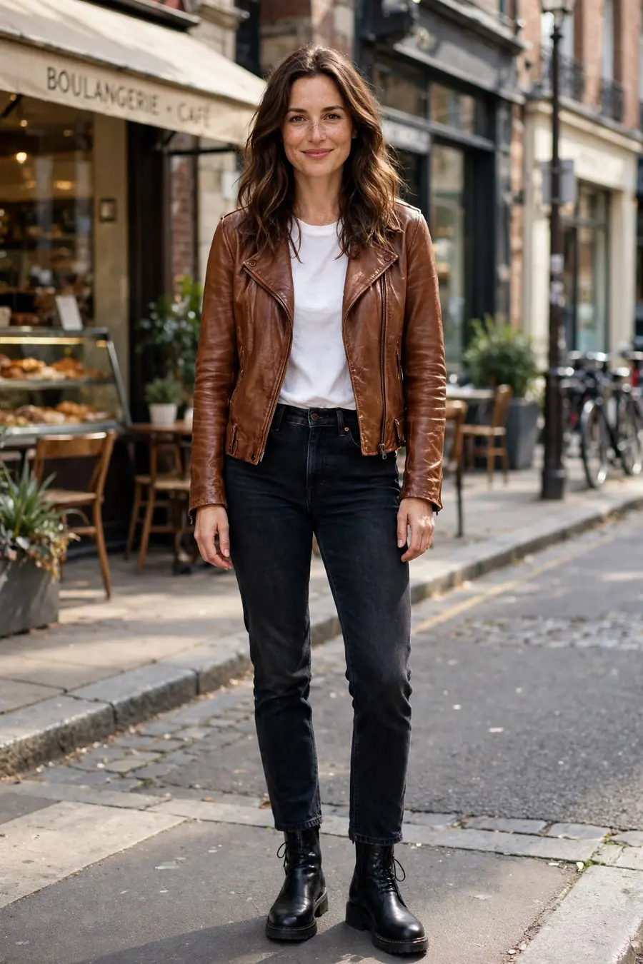 Woman wearing a brown leather jacket with dark jeans and ankle boots