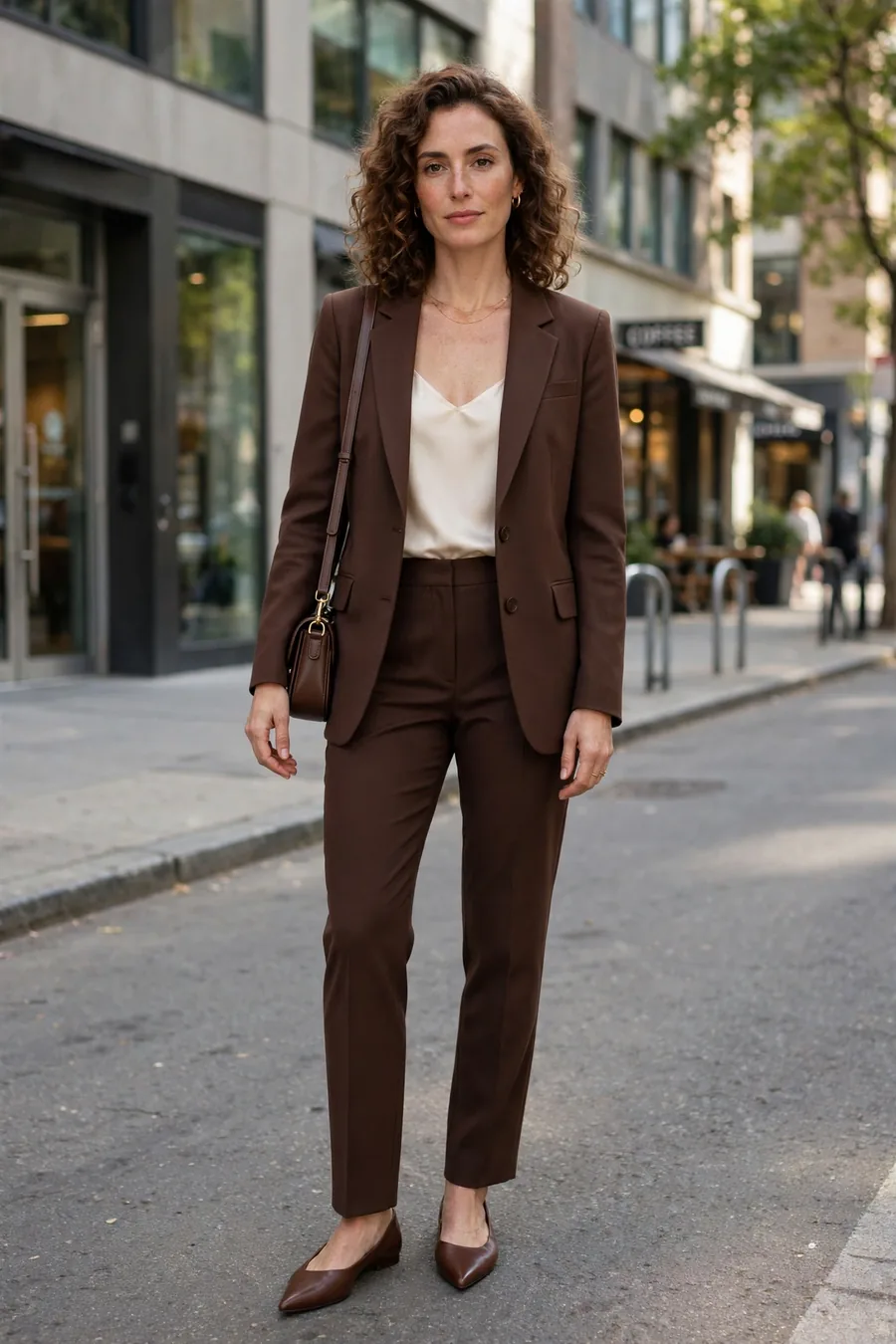 Woman wearing a chocolate brown blazer with matching tailored trousers