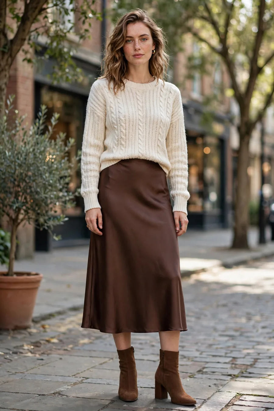 Woman wearing a brown satin midi skirt with a cream knit top