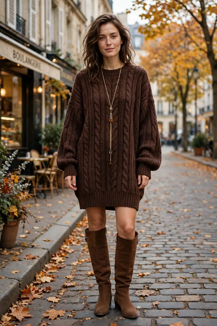 Woman wearing brown knee high boots with an oversized chocolate sweater dress