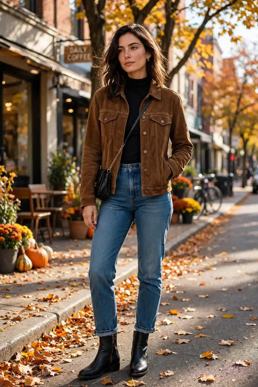 Woman wearing a brown suede trucker jacket with a black top and jeans