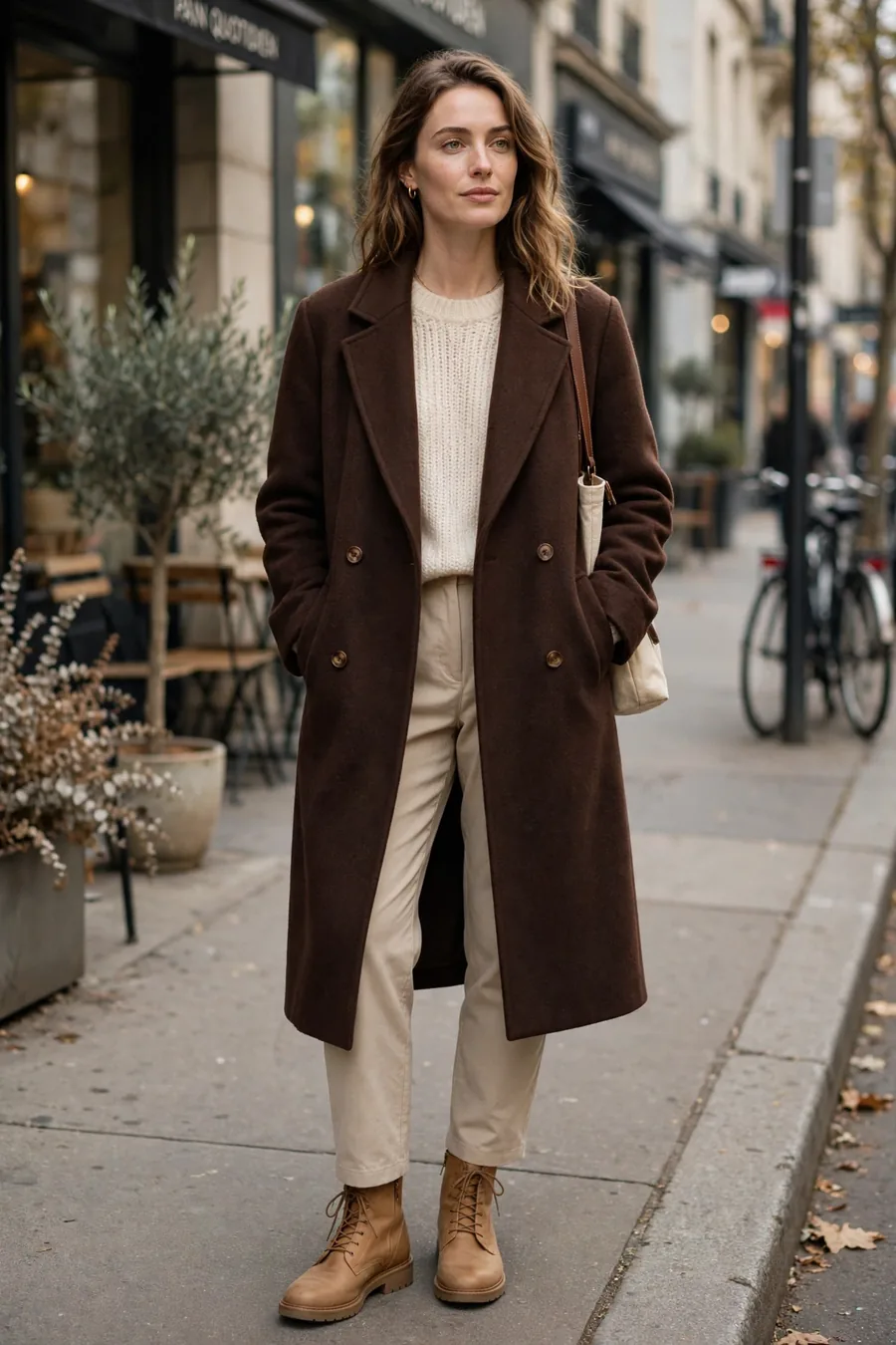 Woman wearing a chocolate wool coat over a neutral outfit on the street