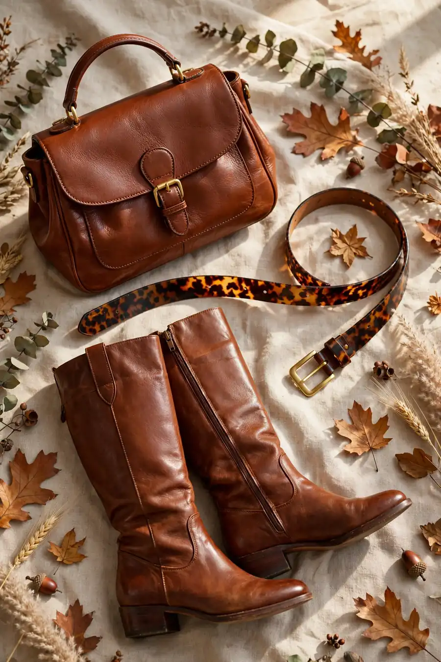 Brown leather handbag with matching brown boots, fall accessories
