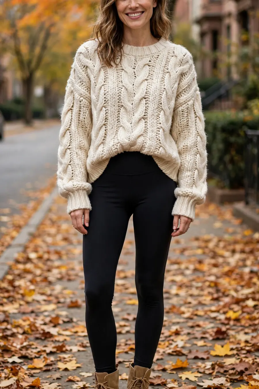 Woman wearing oversized cream knit sweater with black leggings and suede ankle boots, cozy fall weekend outfit