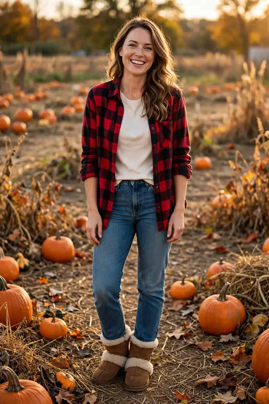 Woman in red plaid flannel shirt with blue jeans and shearling slipper boots, casual fall outfit