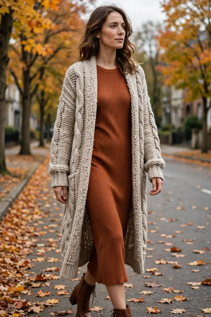 Woman wearing long oatmeal knit cardigan over rust ribbed midi dress with ankle boots