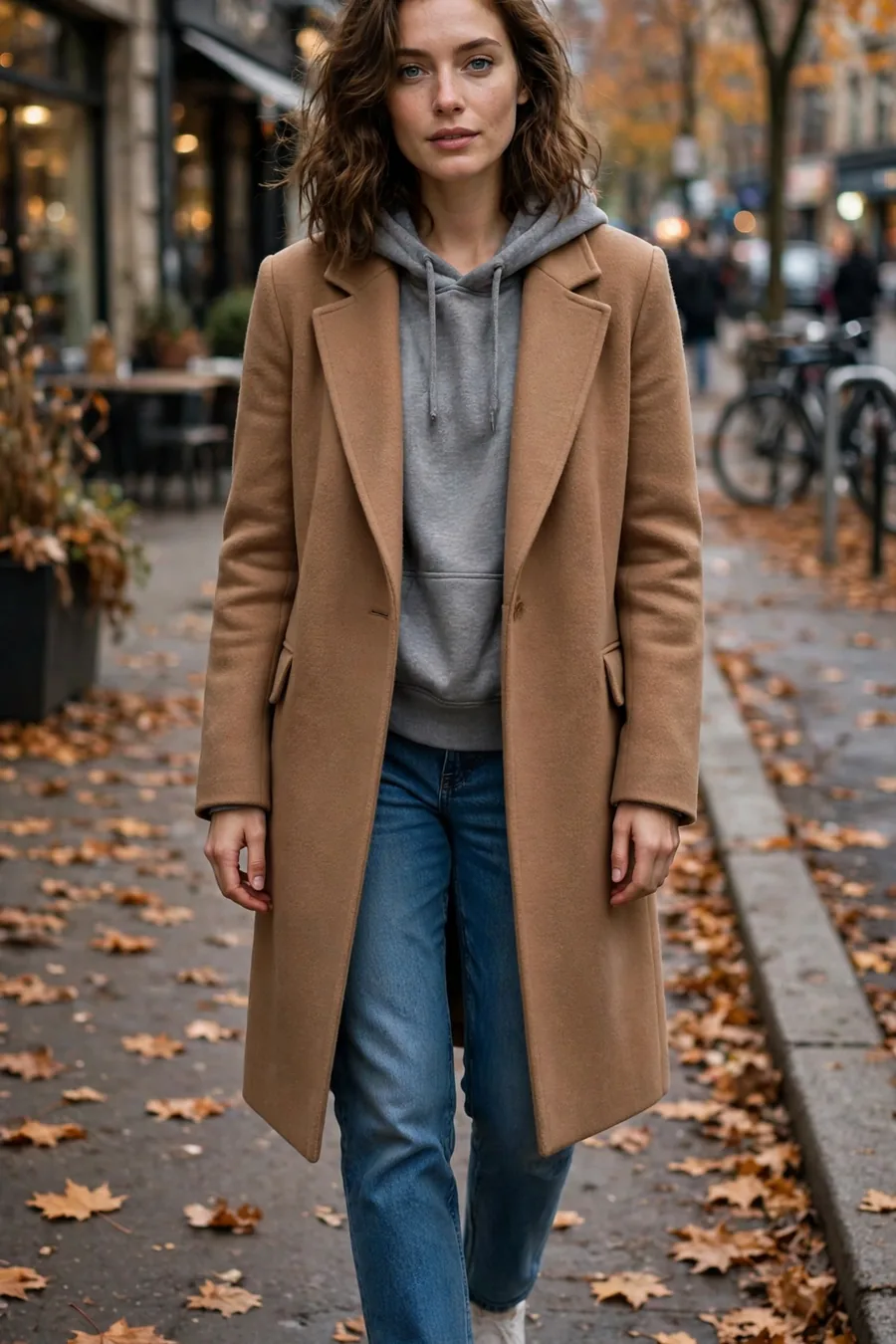 Woman in gray hoodie under camel wool coat with jeans and sneakers, street style
