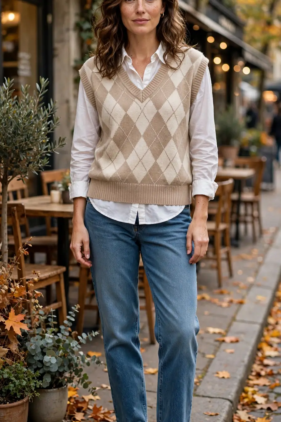 Woman wearing argyle sweater vest over white shirt with jeans and loafers