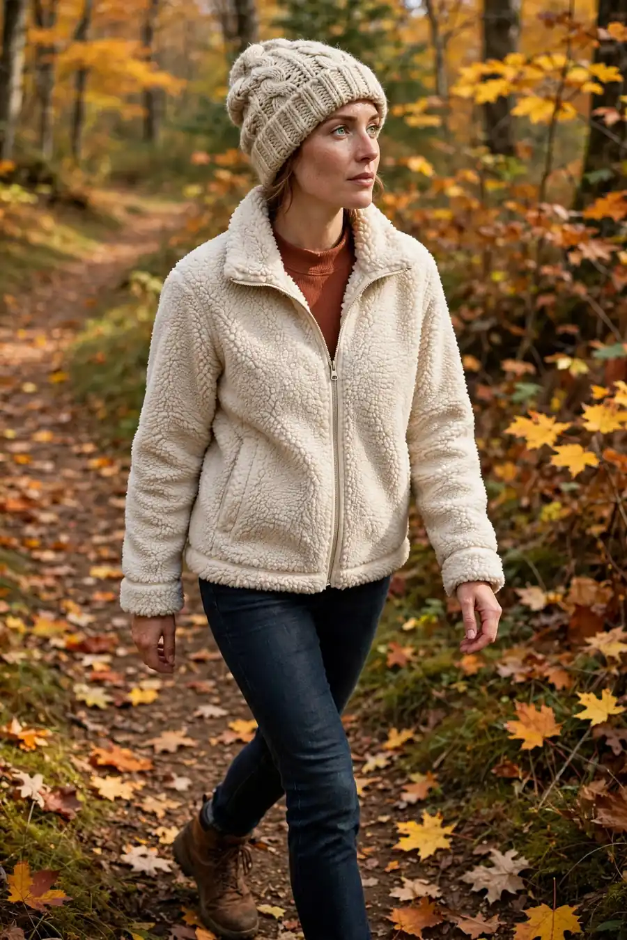 Woman in cream fleece jacket with dark jeans, hiking boots and knit beanie