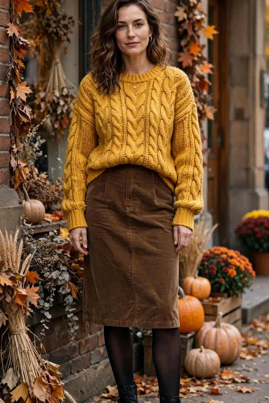 Woman wearing chunky mustard knit sweater with brown corduroy mini skirt and tights